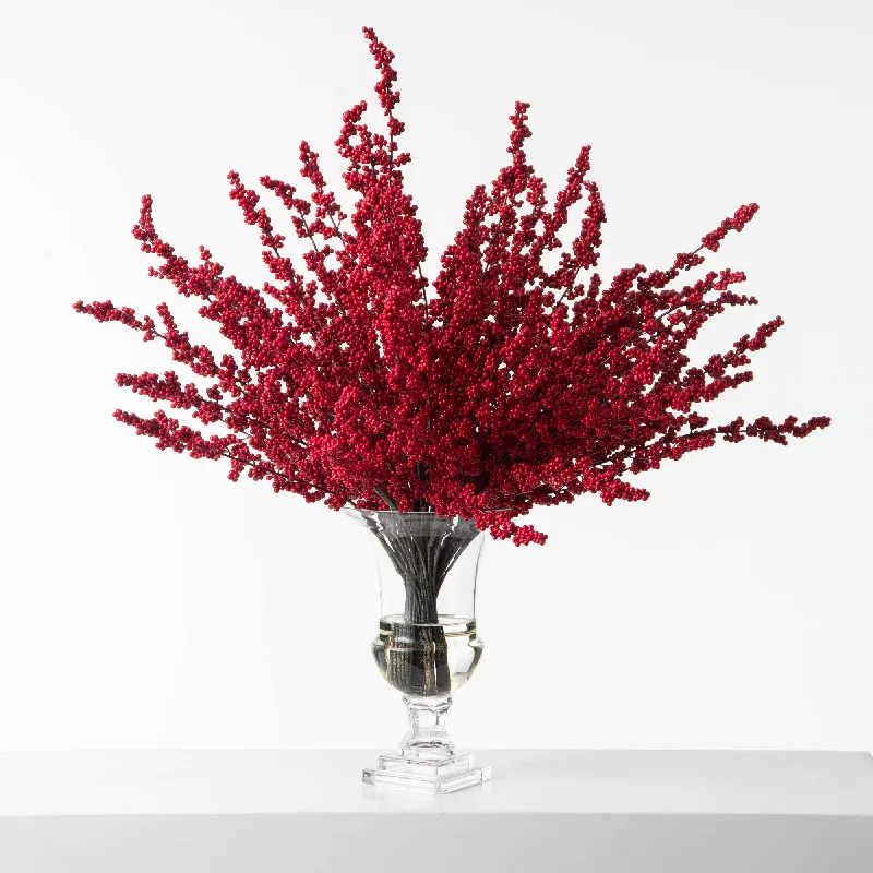 Holiday Extravaganza - Christmas Red Ilex Berry Branch Arrangement In Footed Urn Vase Water Illusion