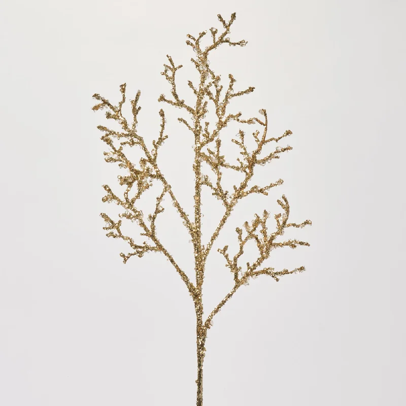 Iced Gold Glitter & Faux Beaded Crystal Plastic Twig Branch Spray - 32"