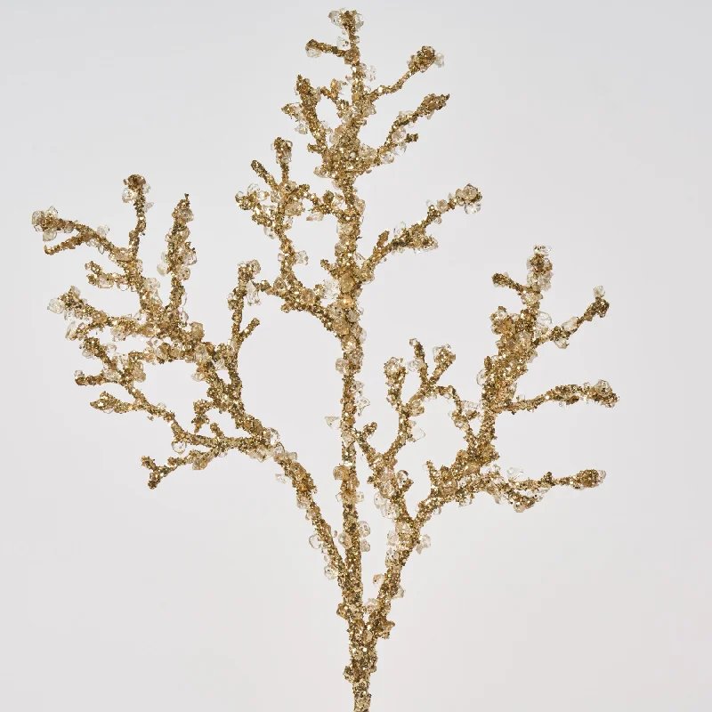 Iced Gold Glitter & Faux Beaded Crystal Plastic Twig Branch - 18"