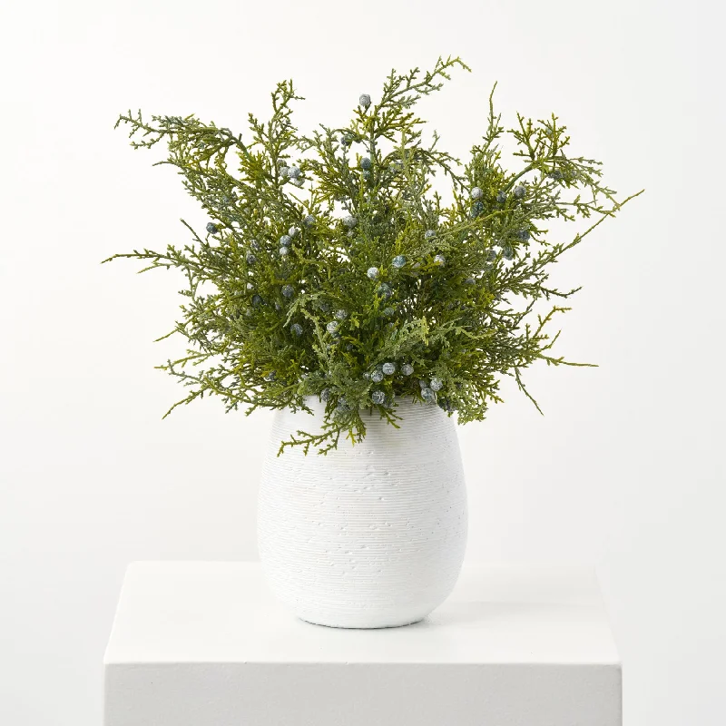 Lifelike Juniper Berry Small Faux Topiary Bush in Textured Concrete Pot Winter Holiday Arrangement