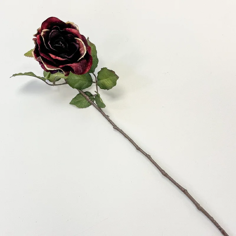 Maroon Velvet Gold Tip Painted Single Rose Stem Spray - 24"