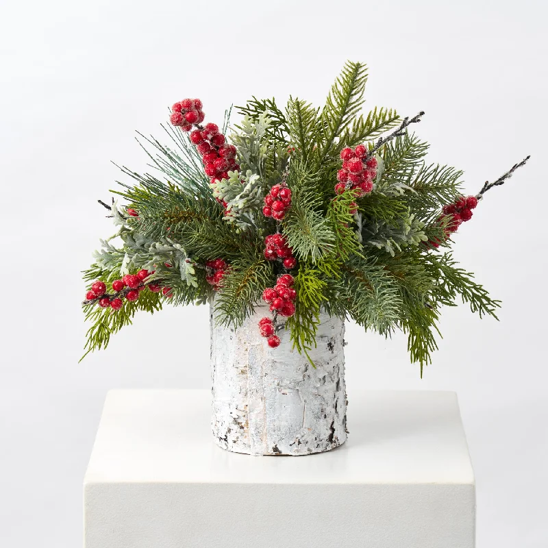 Mixed Winter Greenery & Red Berry Christmas Decor Rustic Winter Arrangement in Small White Birch Cylinder