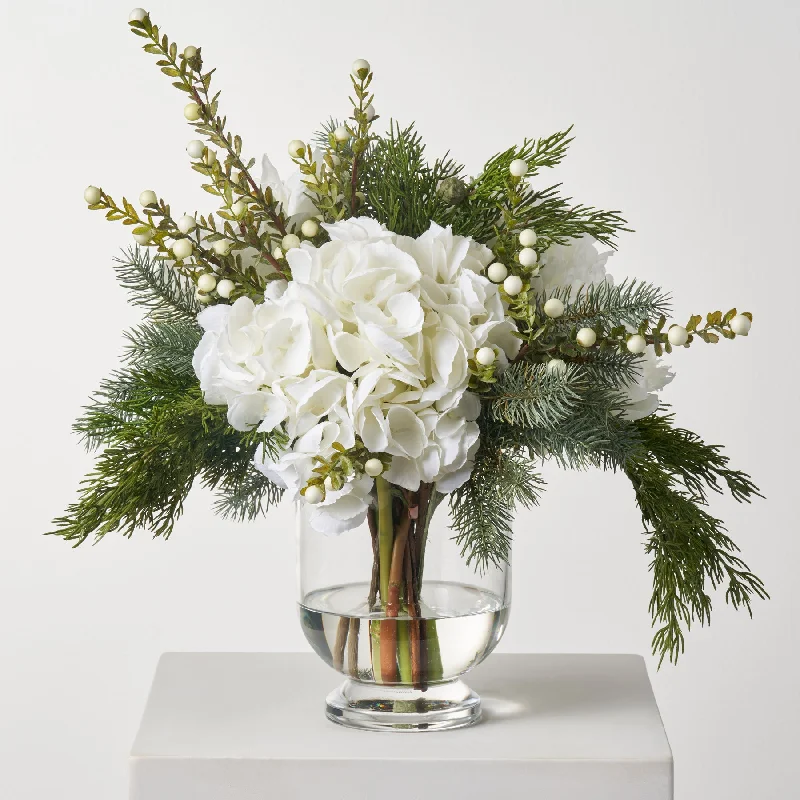 Peace On Earth - Fluffy White Hydrangea, Peony, Christmas Amaryllis with Pine & Snowberry Holiday Centerpiece Arrangement