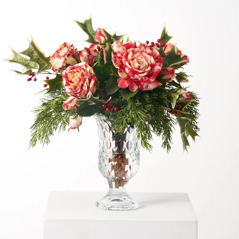 Peppermint Petals - Real Touch Candy Cane Roses with Cedar & Holly Berry In Crystal Urn Holiday Arrangement Centerpiece