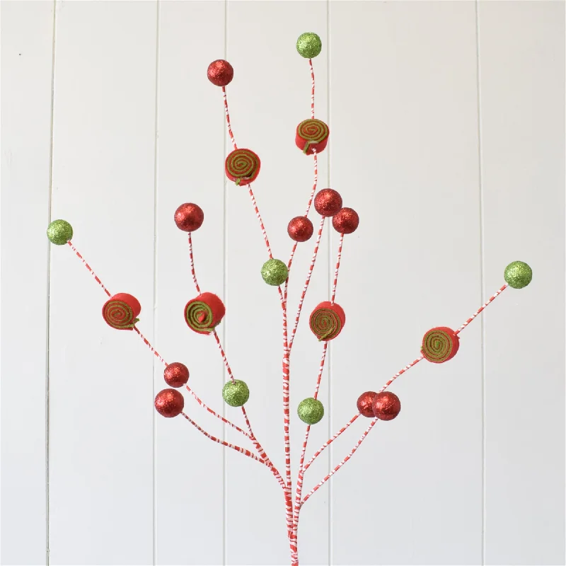 Peppermint Twisted Taffy Glittered Ball Spray 32" in Red/Green | QDC22