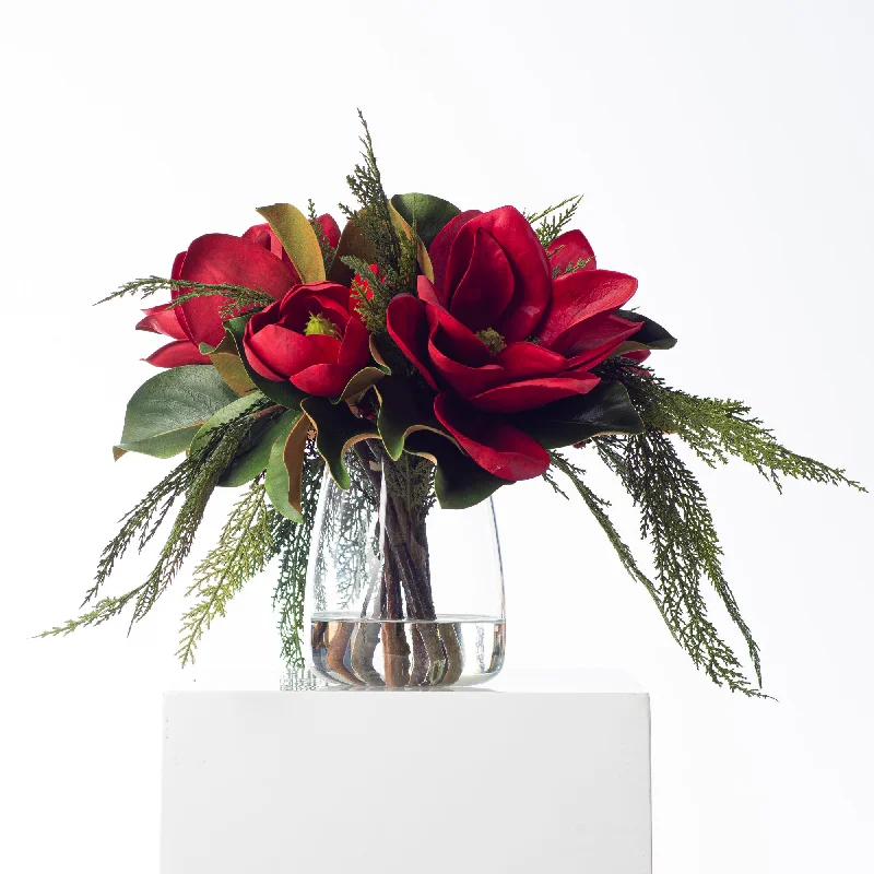 Red Christmas Magnolia & Scarlet Winter Berry with Real Touch Cedar Holiday Water Illusion Arrangement Centerpiece