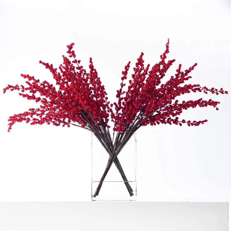 Red Ilex Berry Branch Christmas Holiday Water Illusion Arrangement in Modern Rectangle Glass Vase