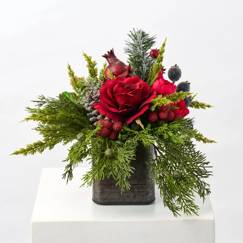 Red Queen Rose & Mixed Winter Berry Classic Faux Floral Arrangement Christmas Centerpiece in Galvanized Metal Tin