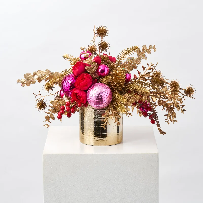 Rose Resplendence - Glitzy Pink Holiday Arrangement in Small Gold Etched Vase