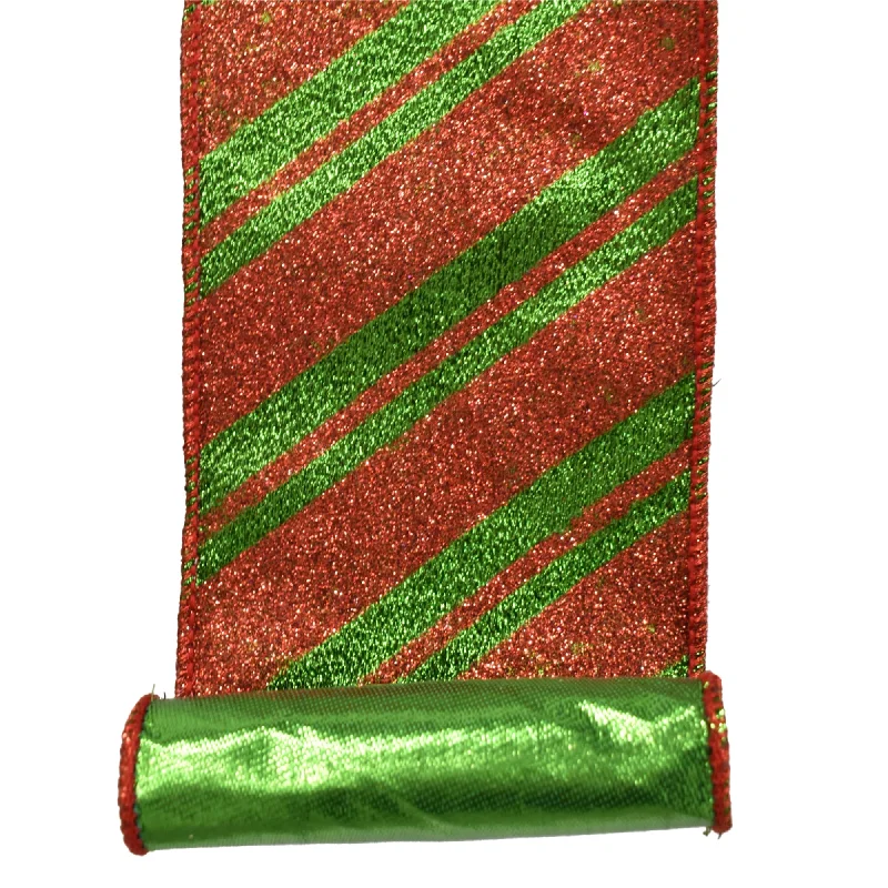 Shimmering Glitter Stripe Ribbon 4" x 10YD in Green/Red | IRC22