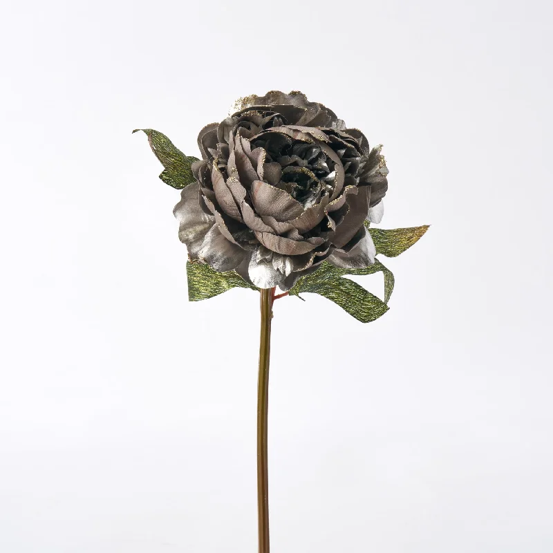 Silver Holiday Peony with Glittered Edges and Green Metallic Leaves - 24"