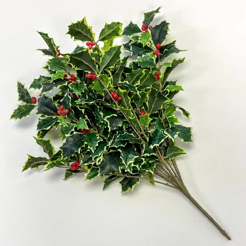 Variegated Green Holly Leaf & Red Berry Bush Vine Christmas Spray - 20"