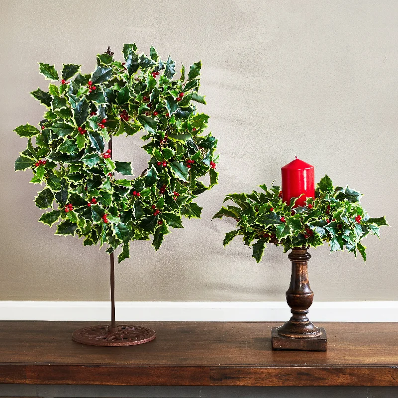 Variegated Holly & Red Berry Mini Wreath or Candle Wreath Centerpiece