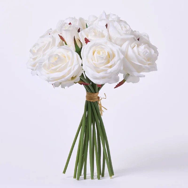 White Silk Rose Blooms Bouquet Bundle of 17 Stems - 11"