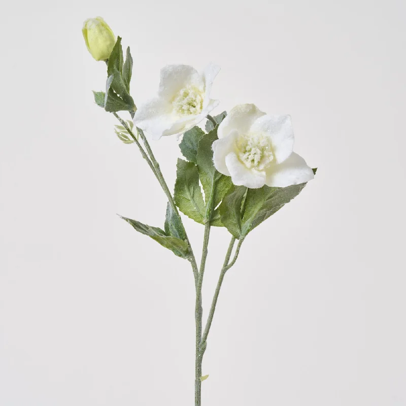 White Snow Flocked Hellebores Bloom & Bud Branch Spray - 24"