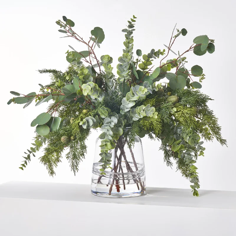 Winter Green Lux - Real Touch Cedar & Mint Cone, Silver Dollar Eucalyptus in Large Jug Style Vase Centerpiece Arrangement