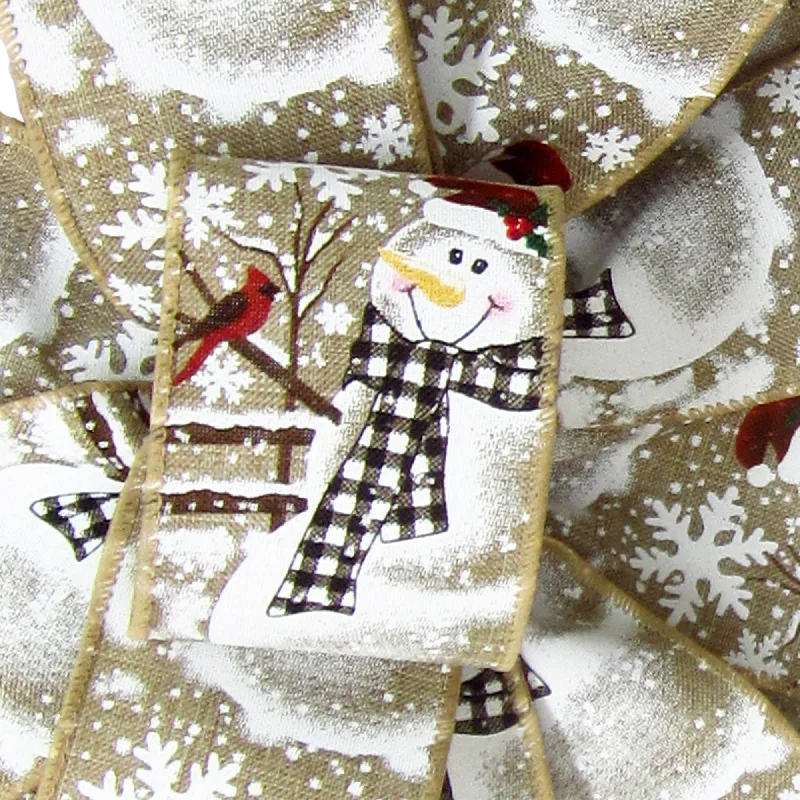 Wired Buffalo Plaid Snowman on Natural Christmas Ribbon (#40-2.5"Wx10Yards)