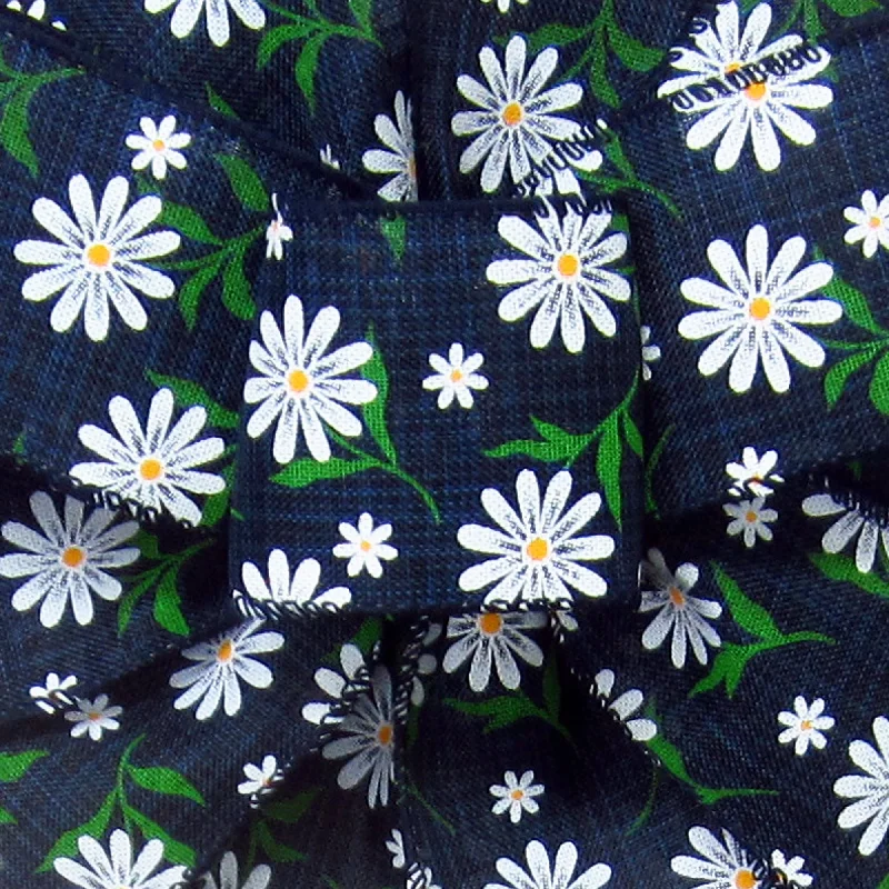 Wired White Daisies on Navy Blue Linen Ribbon (#40-2.5"Wx10Yards)